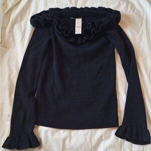 White House Black Market Blue Ruffled Collar Open Cardigan Sweater Size Small